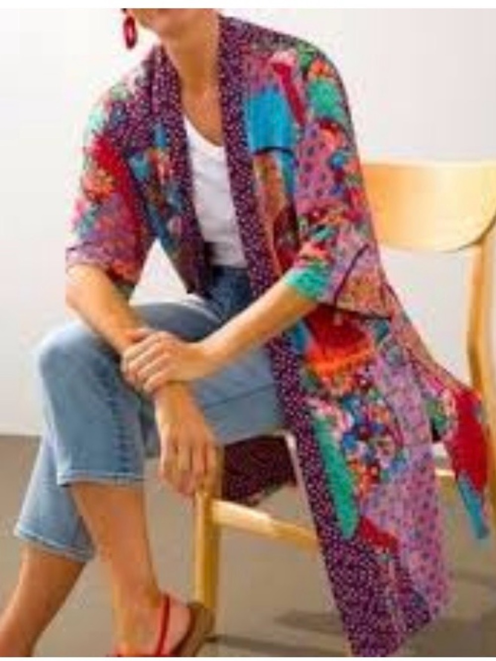 #810 Chico's S/M Brown Blush Printed Duster/Kimono/Boho Cardigan. Like New